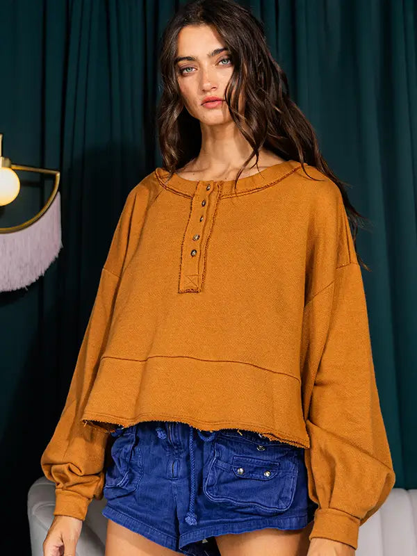 Lantern Sleeve Pumpkin Terry Sweater