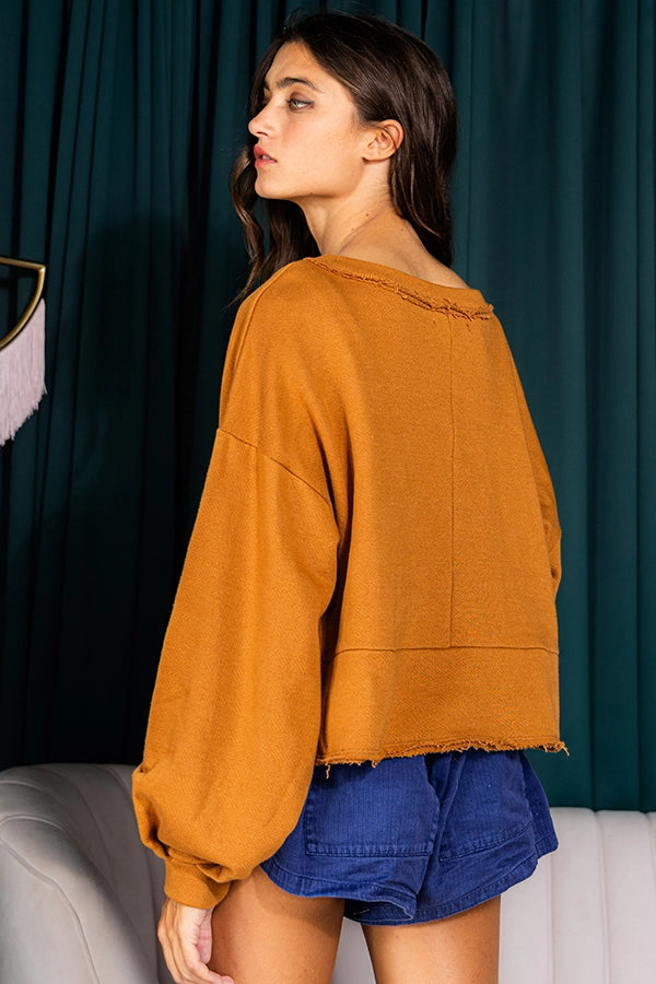 Lantern Sleeve Pumpkin Terry Sweater