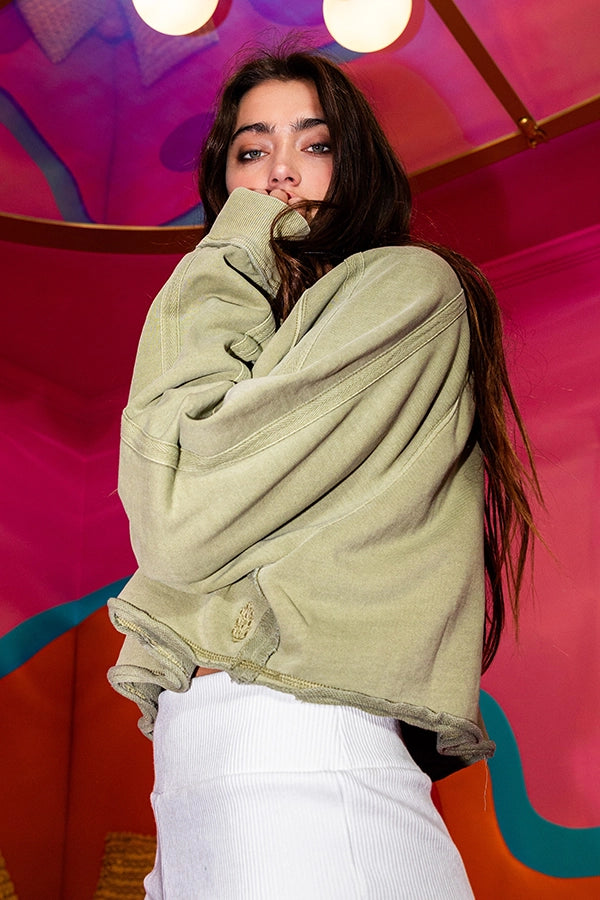Terry Olive Snap Sweatshirt