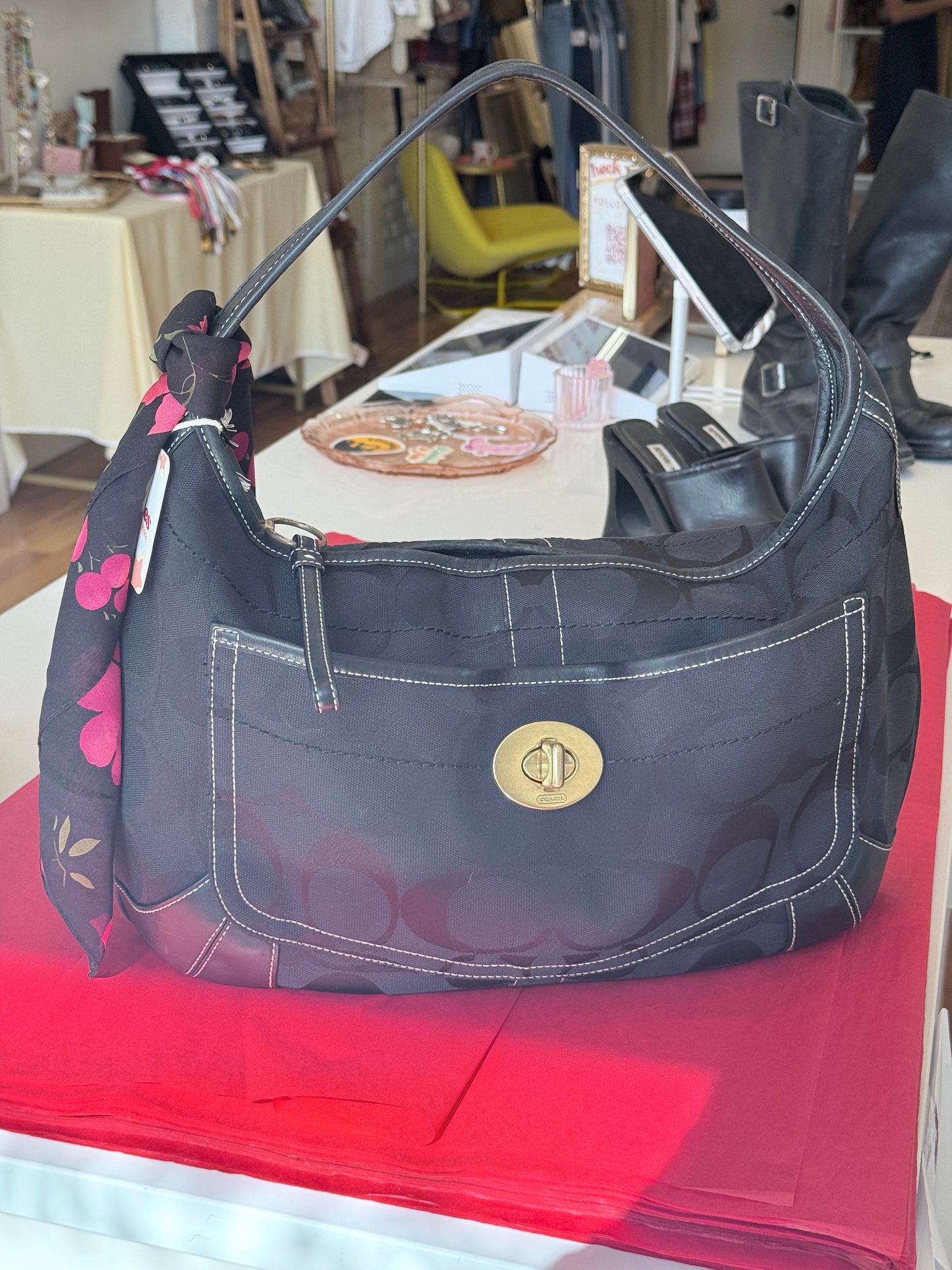 Black Coach Signature Canvas Ergo Hobo Bag