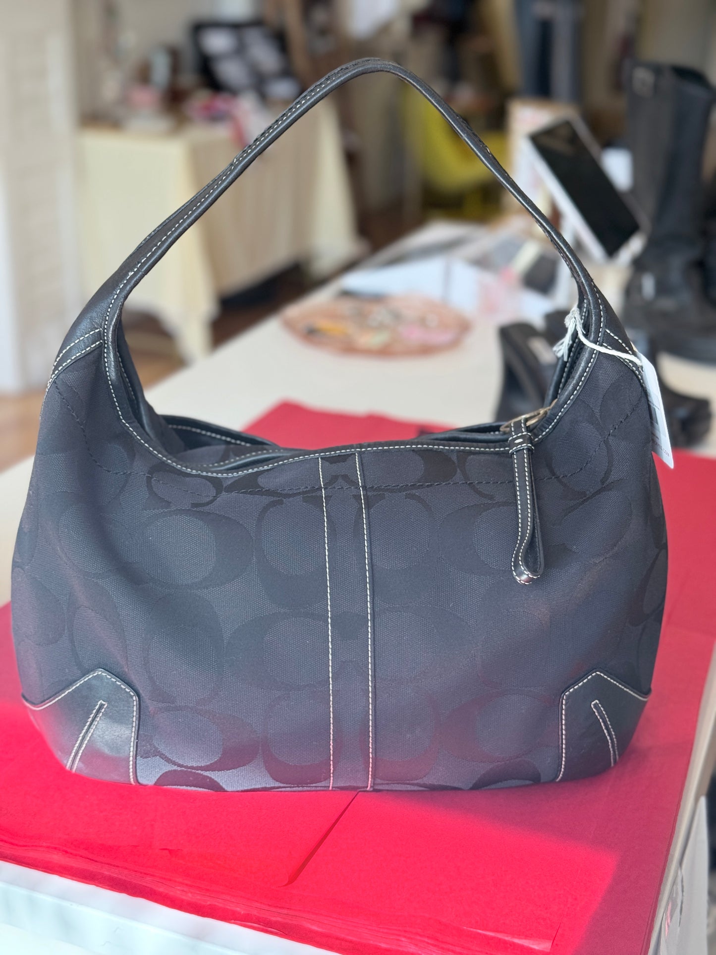 Black Coach Signature Canvas Ergo Hobo Bag