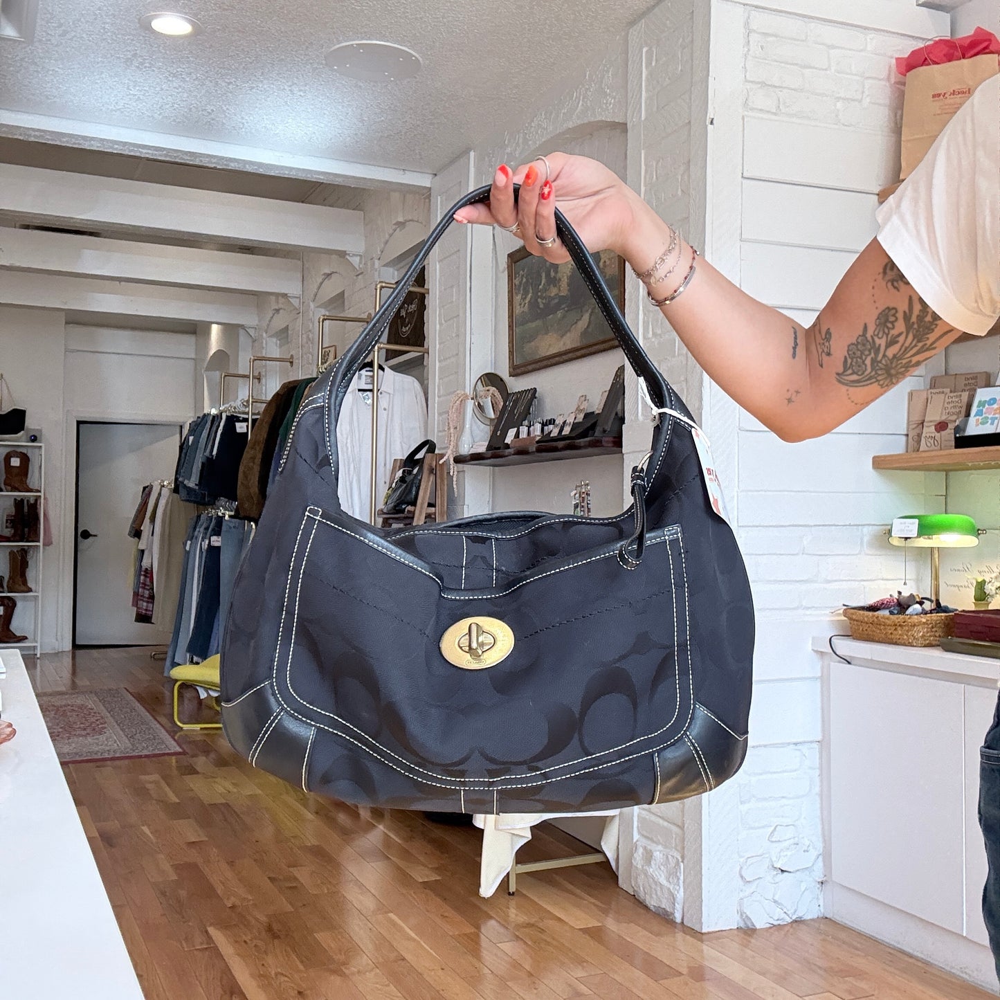 Black Coach Signature Canvas Ergo Hobo Bag