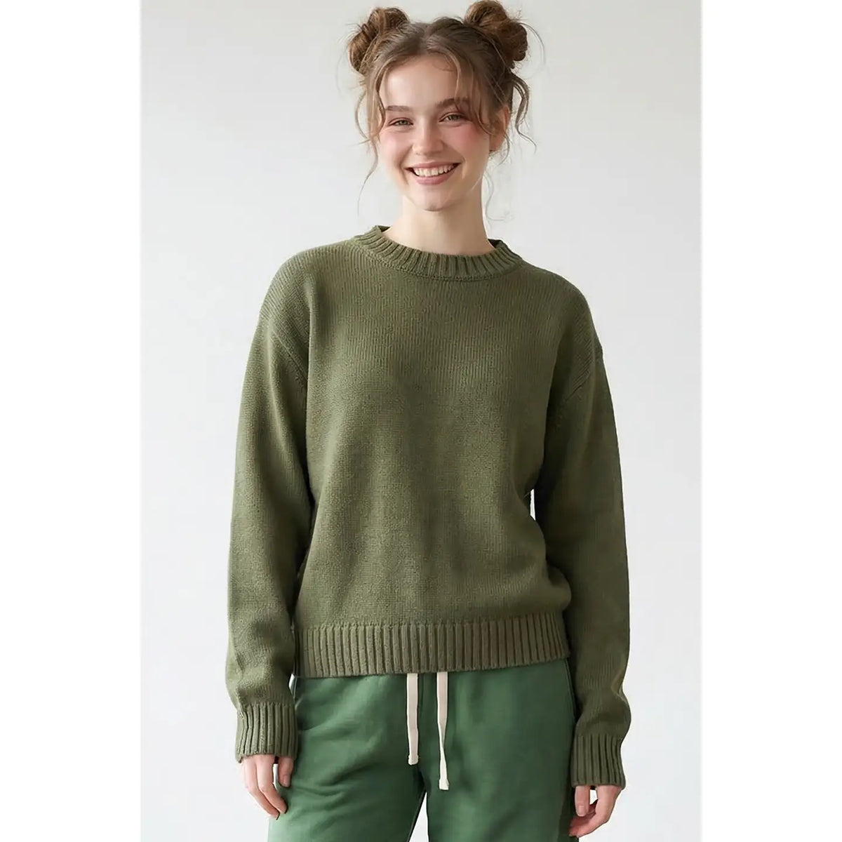 Cotton Crewneck Sweater in Olive