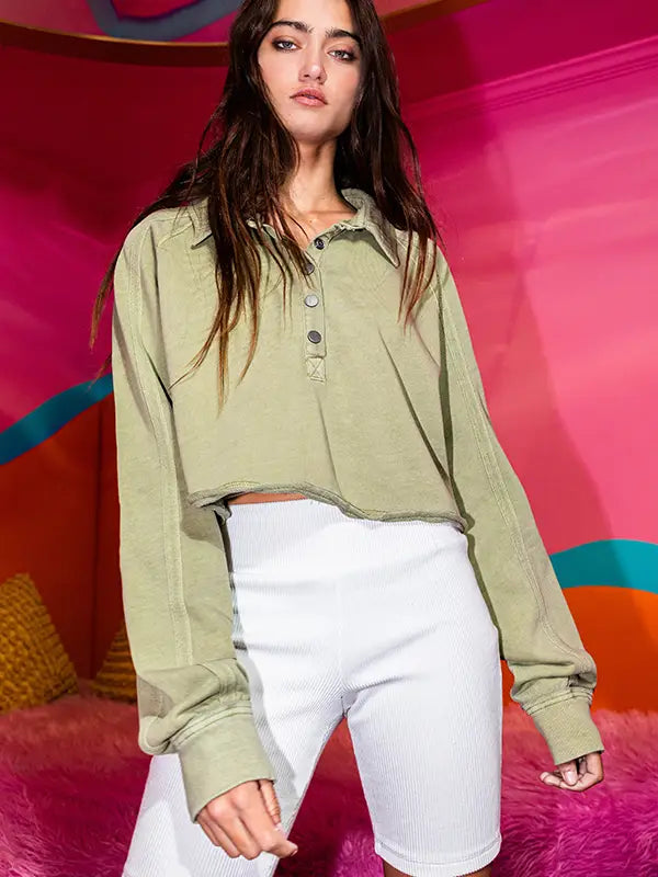 Terry Olive Snap Sweatshirt